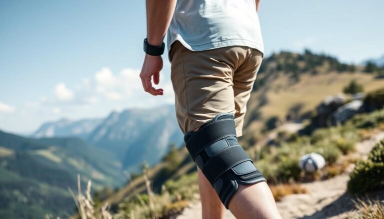 Person wearing knee brace while walking on a hiking trail with mountains in background