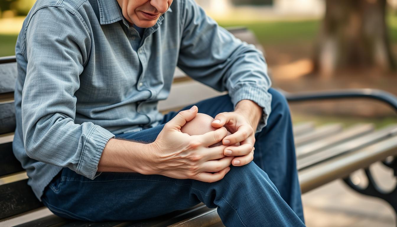 Person with knee pain sitting and holding their knee