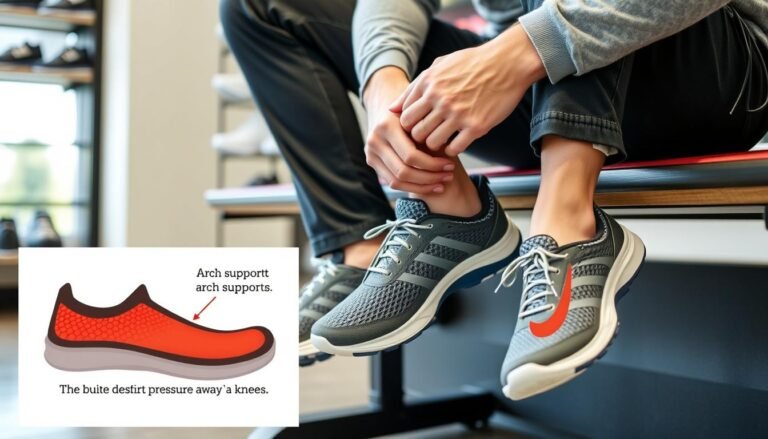 Person with knee pain trying on supportive shoes with visible cushioning and arch support features