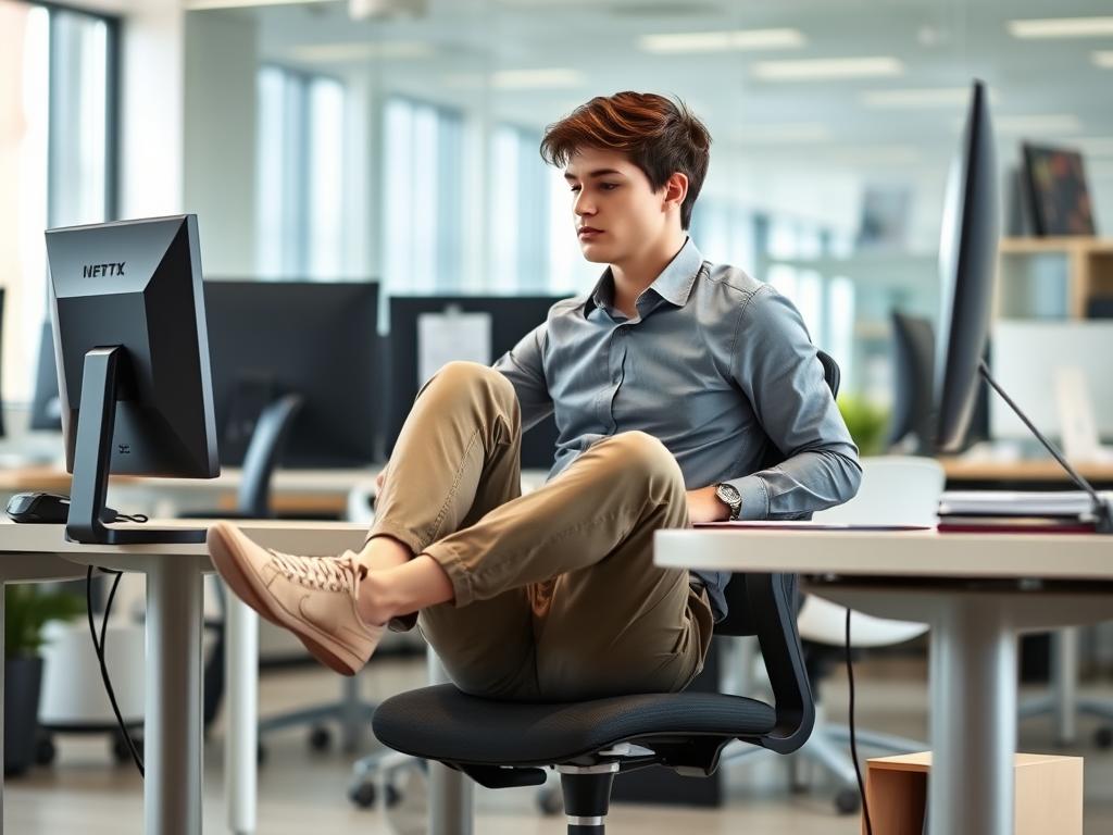 Person with poor sitting posture at desk showing knee strain