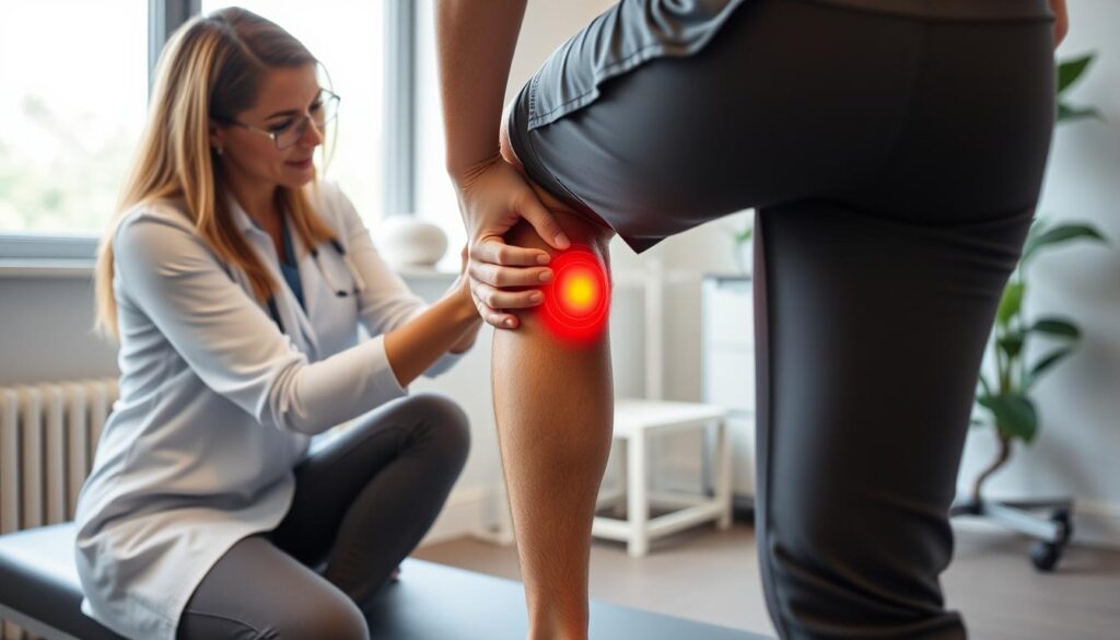 Physical therapist examining hiker's knee