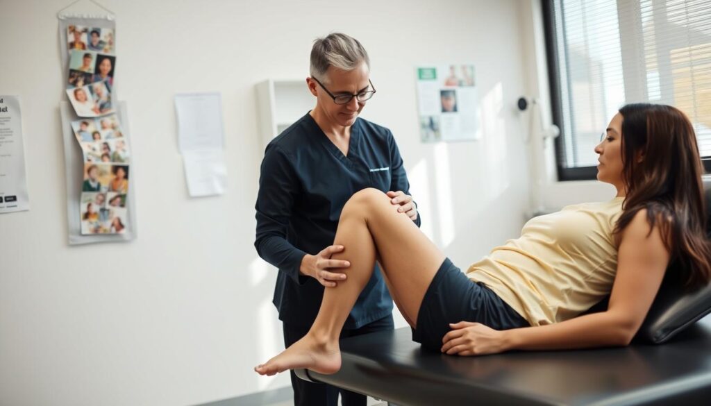 Physical therapist examining patient's knee Physical therapist examining patient's knee