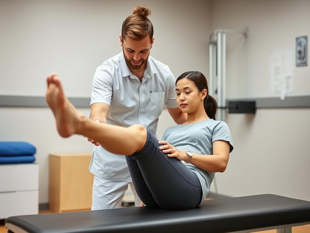 Physical therapist working with young adult on knee rehabilitation