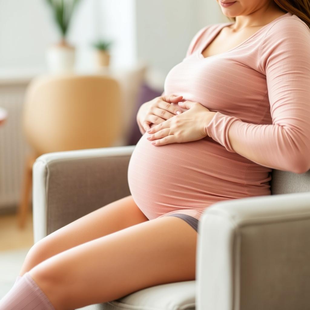 Pregnant woman wearing knee high support socks