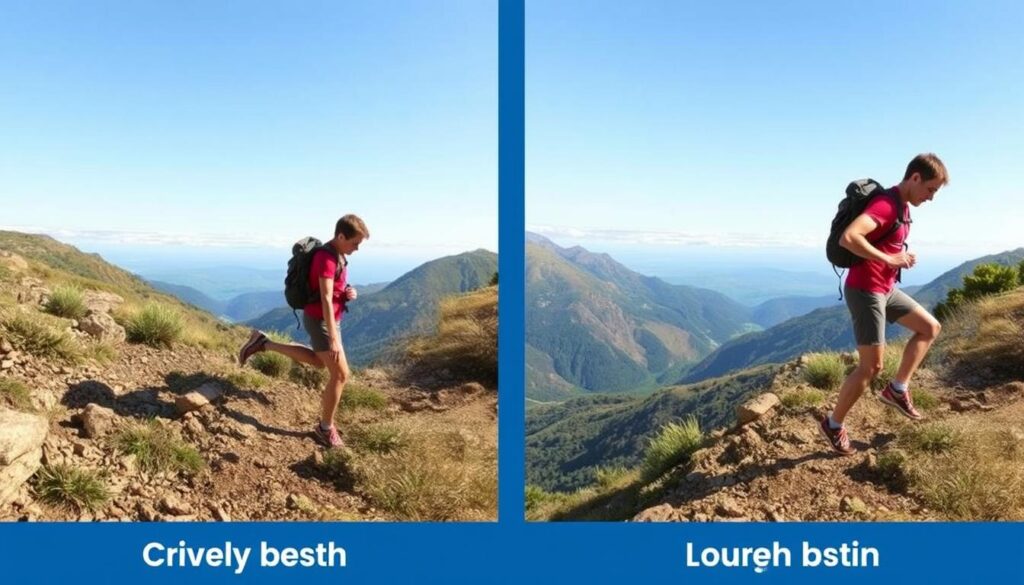 Proper downhill hiking technique demonstration