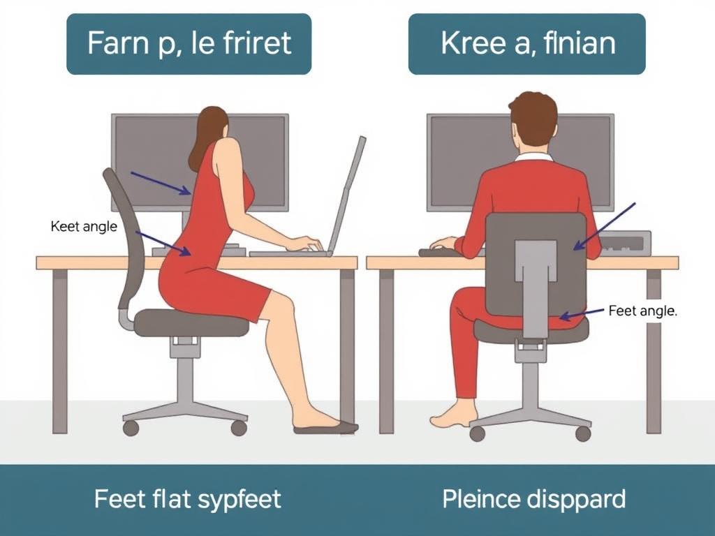 Proper ergonomic sitting position showing correct knee angle and posture
