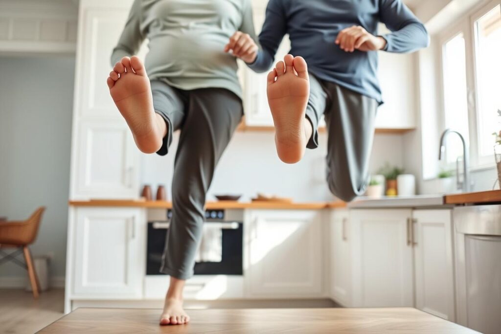 Senior couple performing calf raises while holding onto counter for support