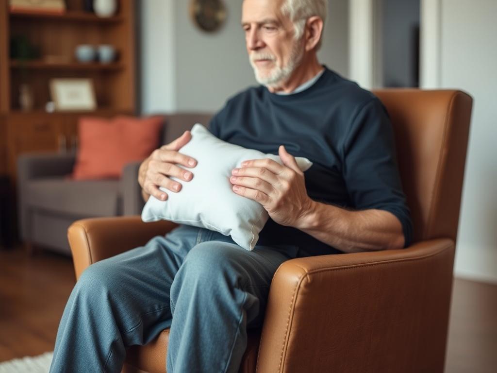 Senior man performing pillow squeeze exercise while seated