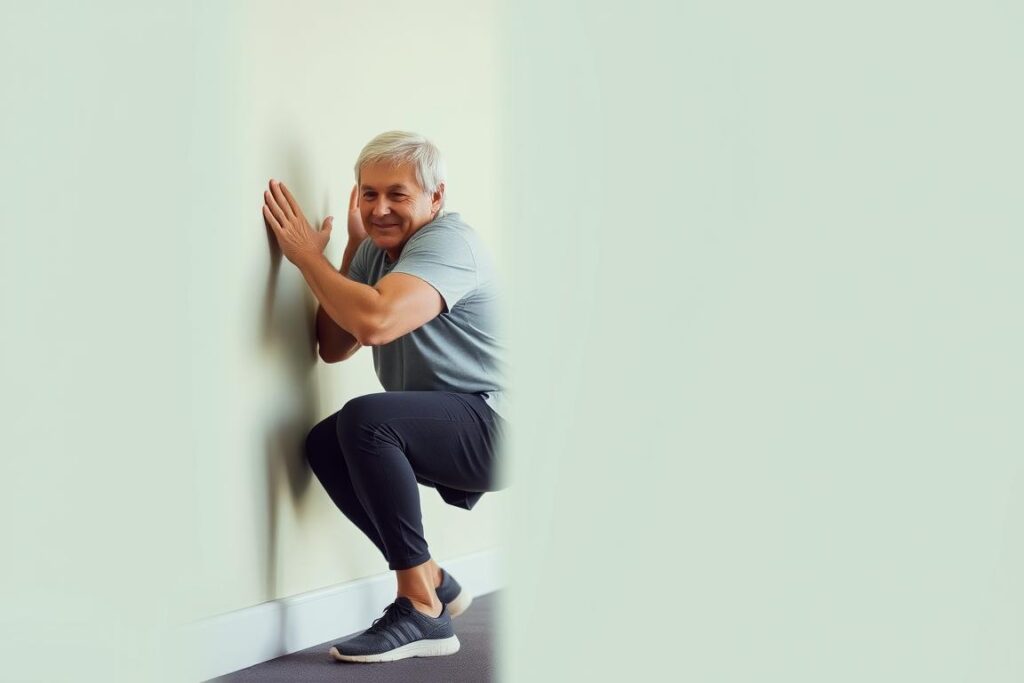 Senior man performing wall slides exercise for knee strengthening