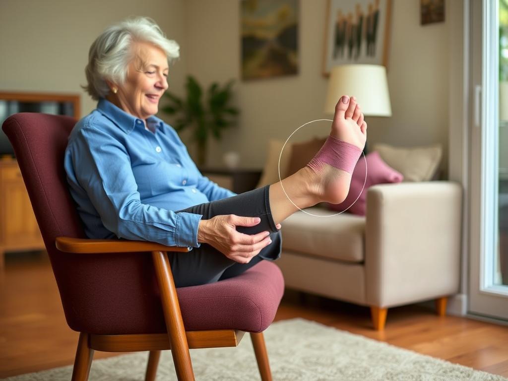 Senior woman performing seated ankle rotations for improved mobility