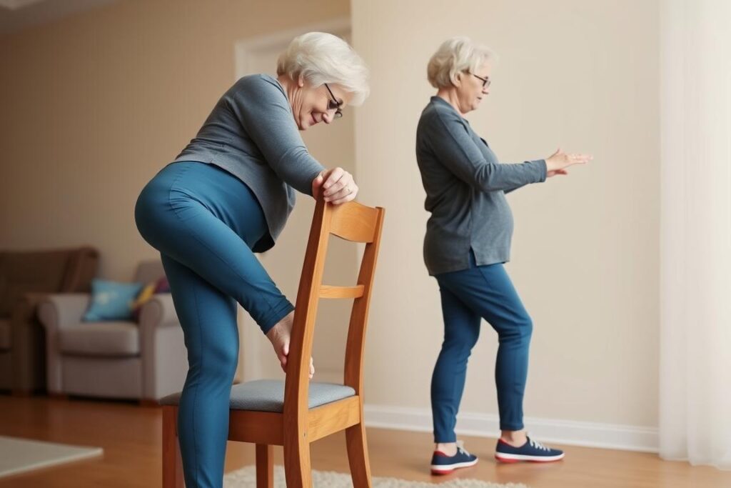 Senior woman performing standing hamstring curls with chair support