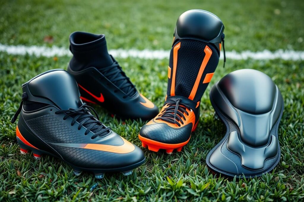 Soccer cleats and protective knee gear on field