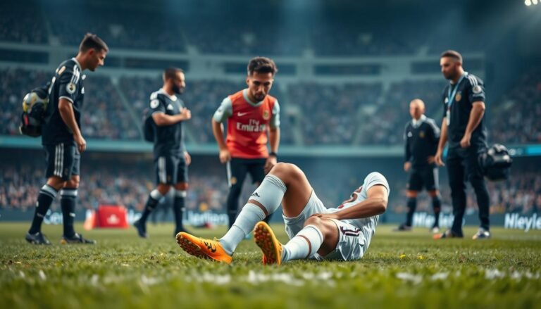 Soccer player clutching knee in pain on soccer field