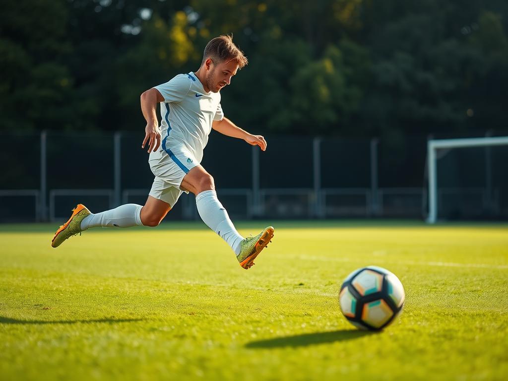 Soccer player performing quick directional change on field