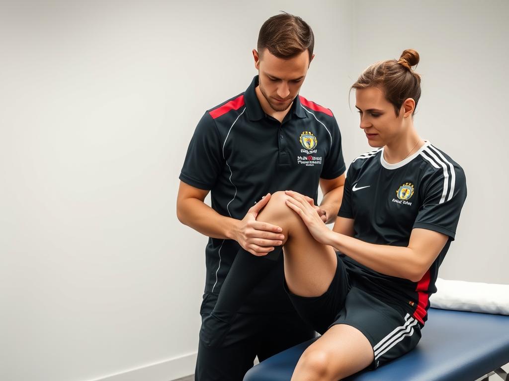 Soccer player receiving knee assessment from physiotherapist