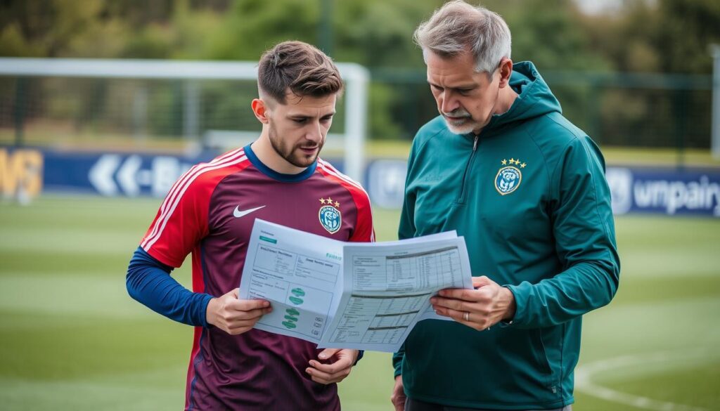 Soccer player reviewing training plan with coach