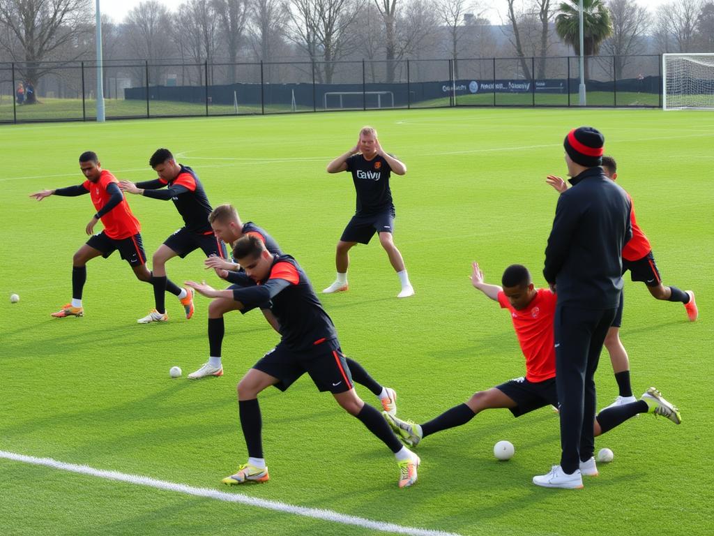 Soccer team performing dynamic warm-up exercises