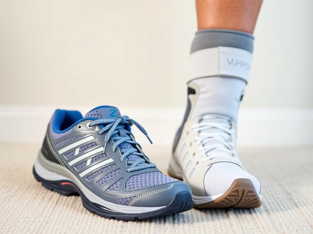 Supportive walking shoes and knee brace for pain relief