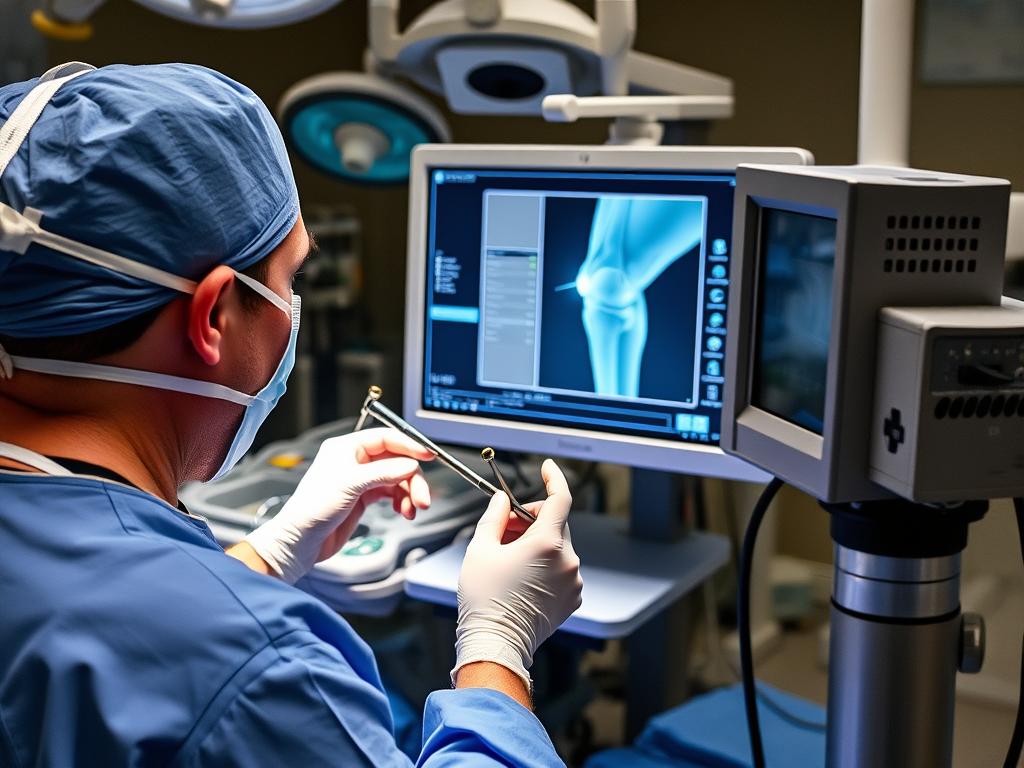 Surgeon using computer navigation during knee replacement
