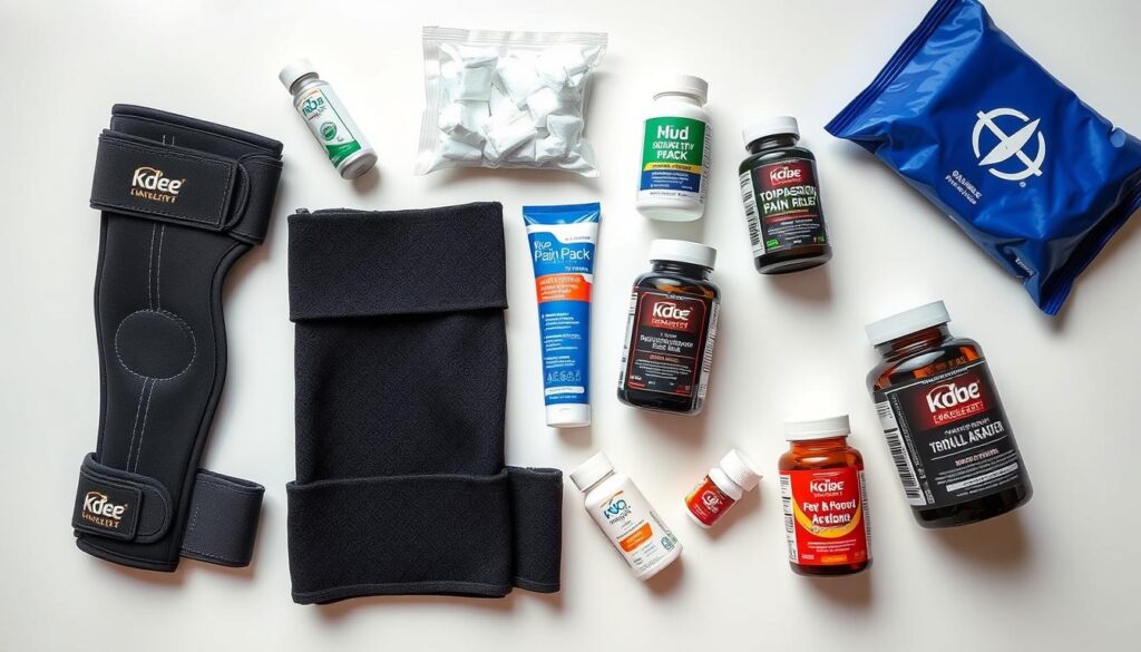 Various knee pain relief products displayed together including braces, creams and heat packs
