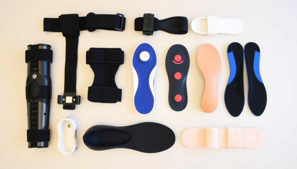 Various orthotic devices used in treating patellofemoral pain syndrome including knee braces and shoe inserts