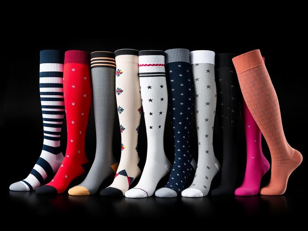 Various stylish women's knee high compression socks in different patterns