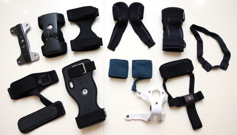 Various types of knee braces laid out showing different designs for specific conditions