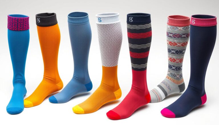 Various women's knee high compression socks in different styles and colors