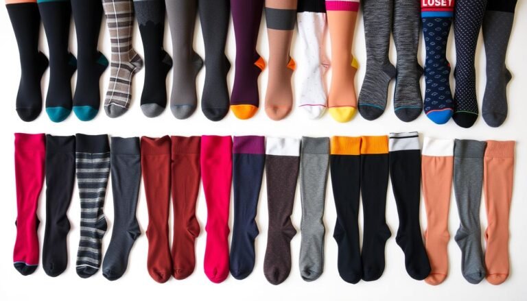Various women's knee high support socks in different colors and patterns