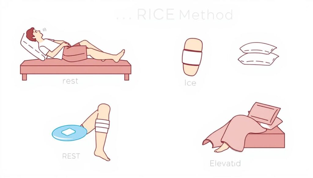 Visual demonstration of the RICE method (Rest, Ice, Compression, Elevation) for treating patellofemoral pain syndrome