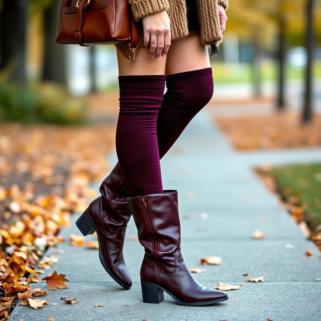 Woman wearing knee high compression socks with burgundy knee boots