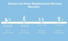 Infographic showing milestones in knee replacement recovery from day 1 through 6 months