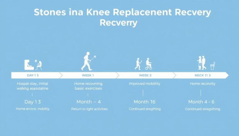 Infographic showing milestones in knee replacement recovery from day 1 through 6 months